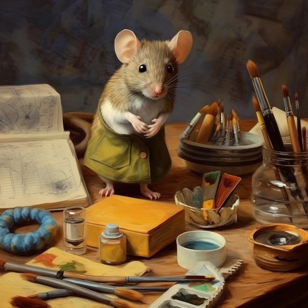 peinture d'une souris assise sur un bureau avec un livre et des pinceaux IA générative