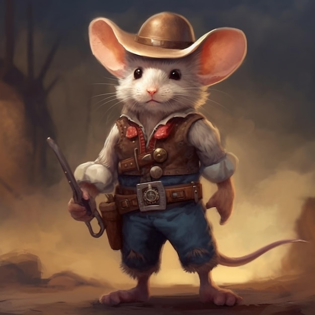 peinture d'une souris avec un chapeau de cowboy et une arme à feu IA générative