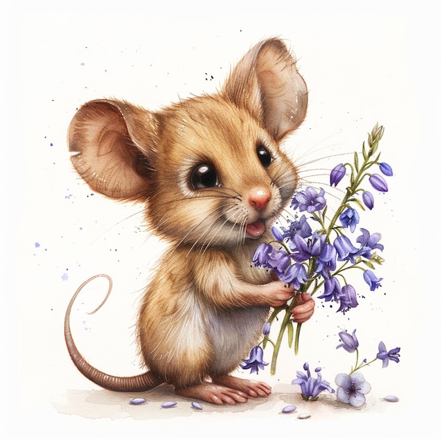 peinture d'une souris avec des fleurs dans sa main