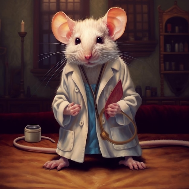 peinture d'une souris vêtue d'une blouse de laboratoire et tenant un livre ai générative