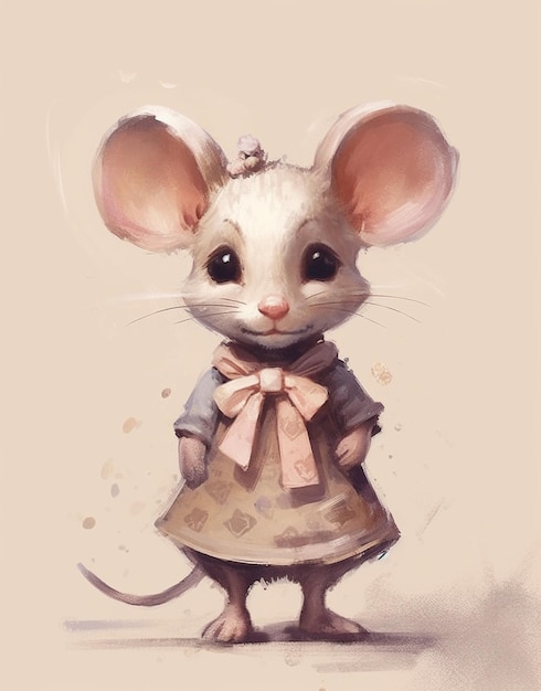 Peinture d'une souris vêtue d'une robe et d'un arc génératif ai