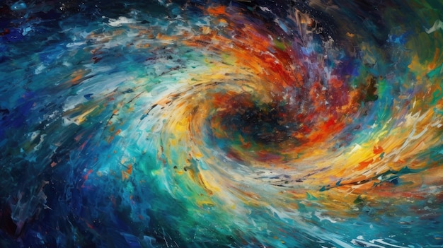 Une peinture d'une spirale avec un tourbillon d'arc-en-ciel au centre.