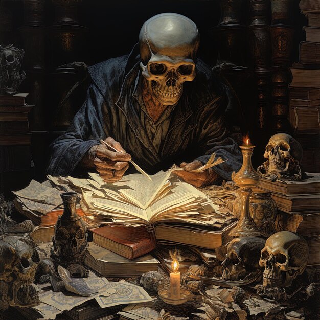 une peinture d'un squelette lisant un livre avec des crânes et des crâners