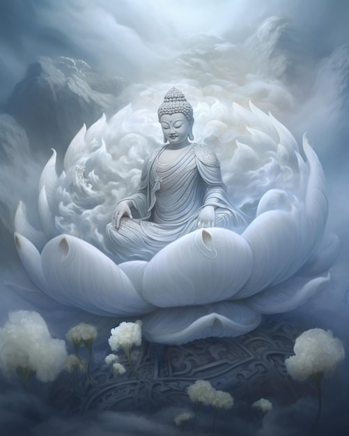 Photo une peinture d'une statue blanche d'un bouddha assis sur une fleur.