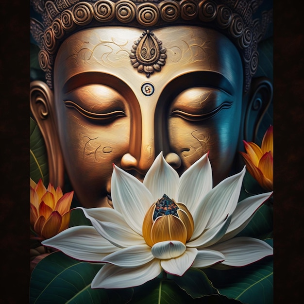 Peinture d'une statue de bouddha avec une fleur de lotus devant elle générative ai