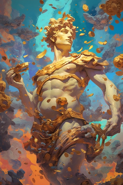 Peinture d'une statue d'un homme avec beaucoup de pièces d'or