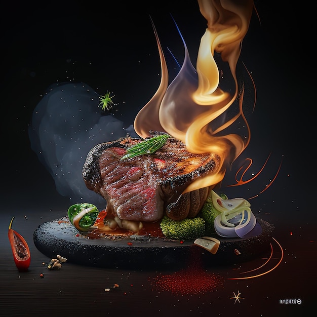 Une peinture d'un steak avec un feu dessus