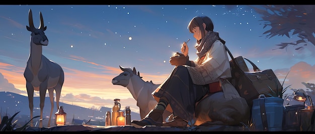 Photo peinture de style anime d'une femme assise sur un rocher avec deux animaux