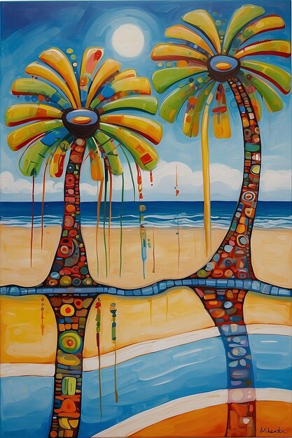 Peinture de style Hundertwasser sur une plage avec des palmiers