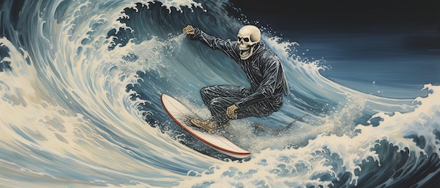 une peinture d'un surfeur sur une planche de surf dans une image en noir et blanc