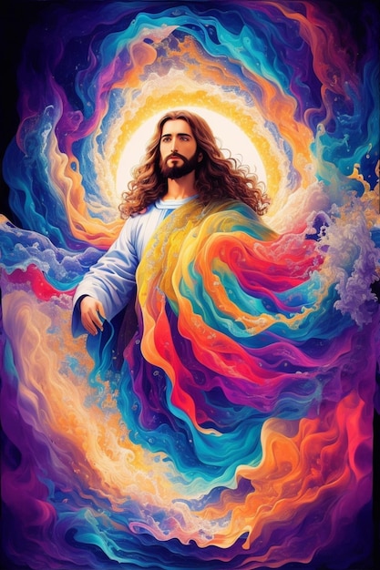 Une peinture surréaliste de Jésus-Christ entouré d'un vortex tourbillonnant de couleurs vibrantes