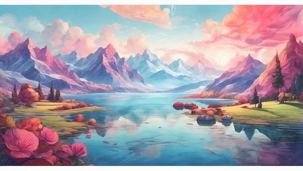 Une peinture surréaliste d'un lac entouré d'un caléidoscope de montagnes illustration