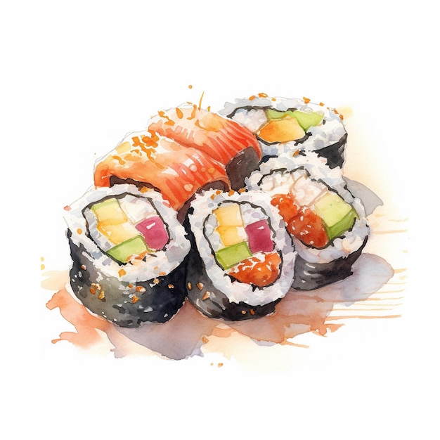 Une peinture de sushi et un bol de légumes.