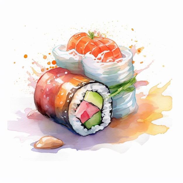 Une peinture de sushi et un bol de légumes.