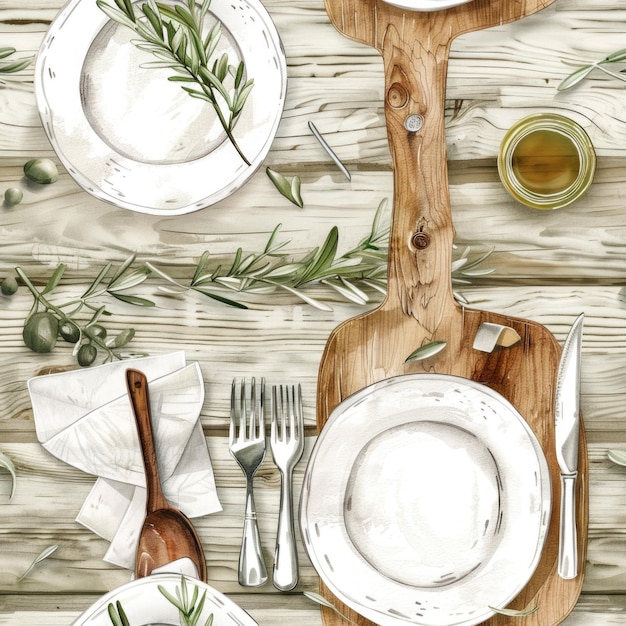 Photo une peinture d'une table avec des assiettes et des ustensiles idéale pour les menus de restaurant ou la décoration de la salle à manger