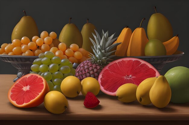 Une peinture d'une table de fruits avec des fruits frais dessus AI Generative
