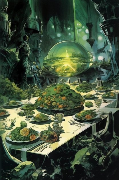 Une peinture d'une table à manger avec un grand bol de nourriture dessus.