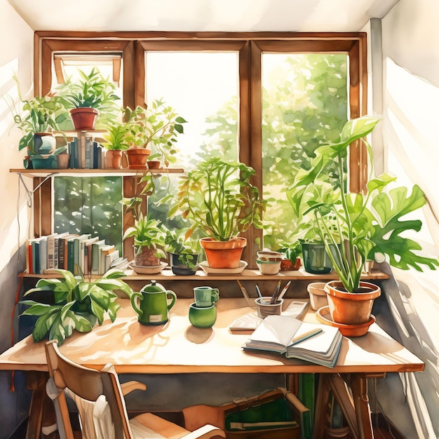 une peinture d'une table avec des plantes et une fenêtre