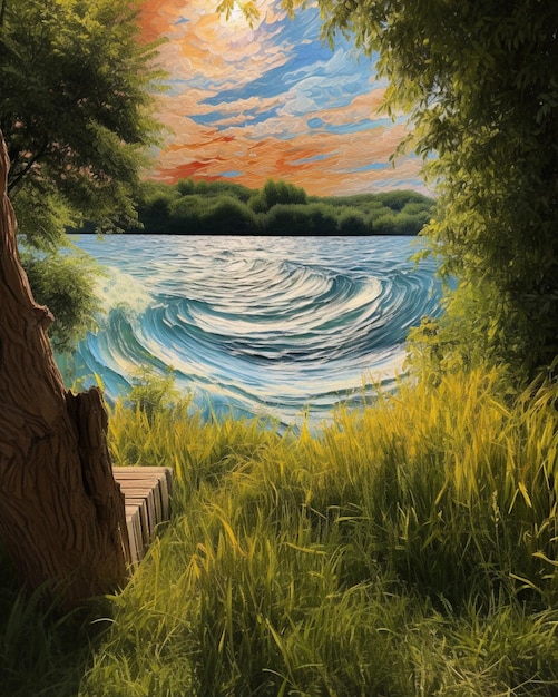 Peinture d'un tableau d'un lac et d'un arbre dans l'herbe générative ai