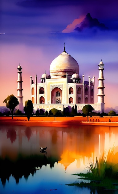 Une peinture d'un taj mahal avec un ciel bleu et les mots taj mahal dans le coin.