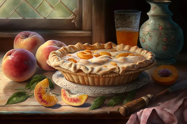 Une peinture de tarte aux pêches et un verre de jus.