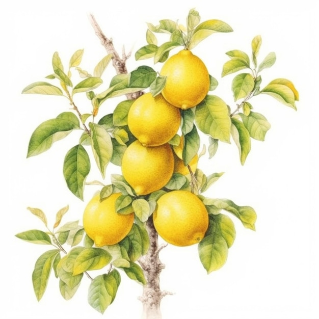 Une peinture d'un tas de citrons sur une branche d'arbre ai générative