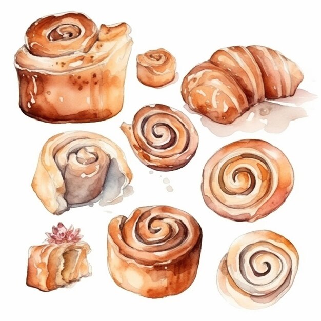 une peinture d'un tas de pâtisseries et d'une tasse de café ai générative