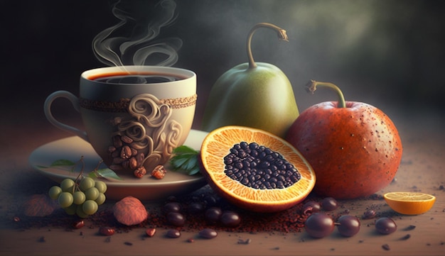 Une peinture d'une tasse de café avec un fruit sur la table.