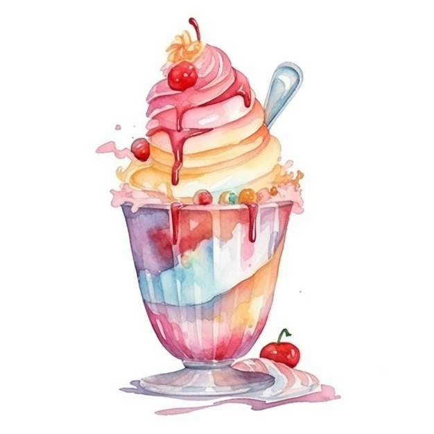 Peinture d'une tasse de crème glacée avec une cerise sur le dessus