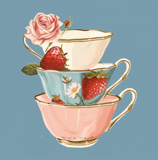 une peinture d'une tasse de thé et une tasse avec des roses dessus