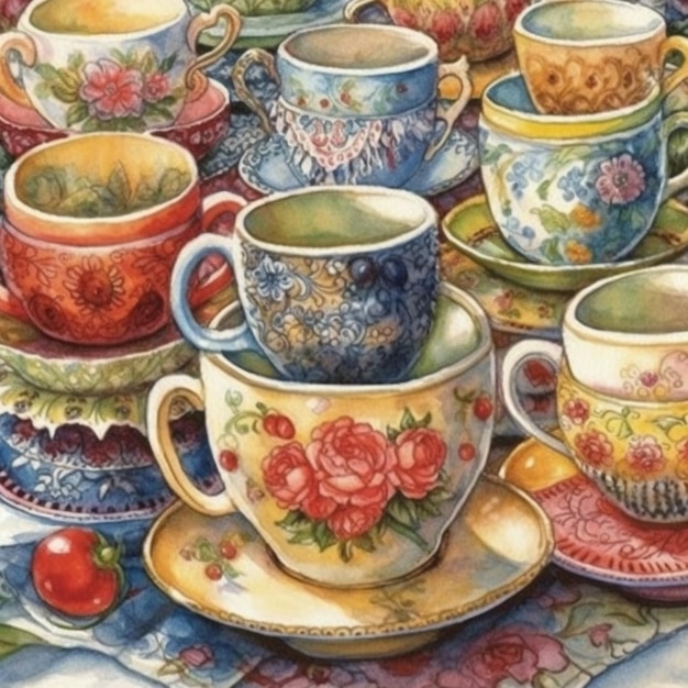 Une peinture d'une tasses et soucoupes