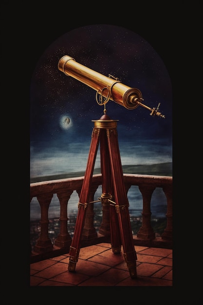 Une peinture d'un télescope avec la lune en arrière-plan