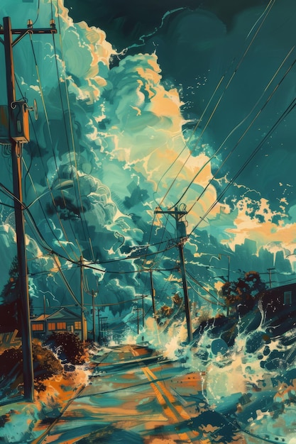 une peinture d'une tempête est montrée sur un fond bleu