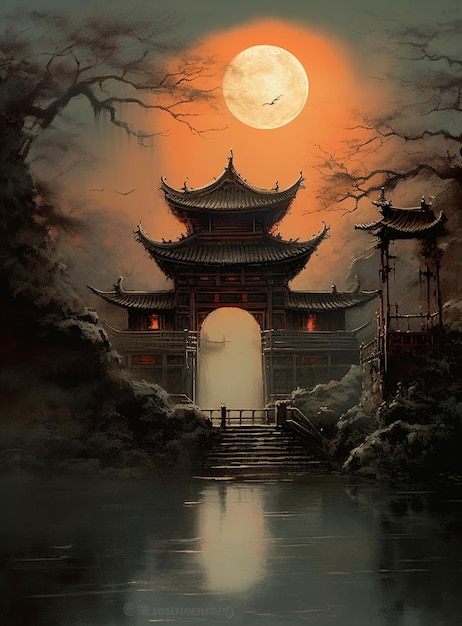 Peinture d'un temple chinois avec une pleine lune en arrière-plan