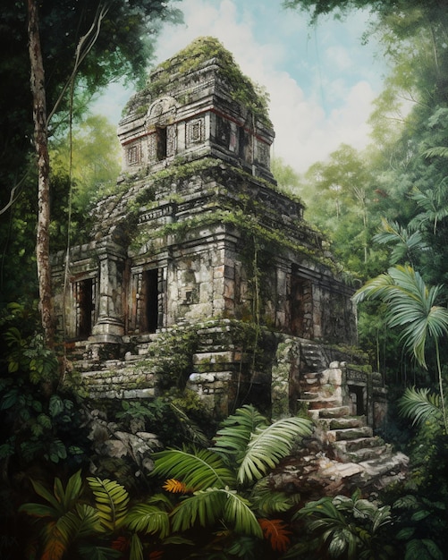 Une peinture d'un temple dans la jungle