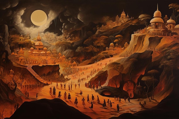 Une peinture d'un temple dans la nuit