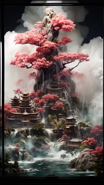 une peinture d'un temple japonais avec un arbre en arrière-plan