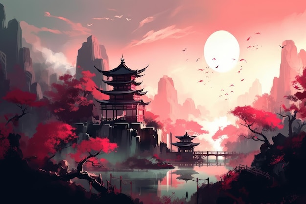 Une peinture d'un temple japonais avec un ciel rouge et le soleil derrière.