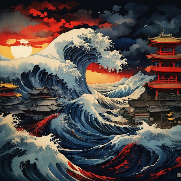 une peinture d'un temple japonais avec un coucher de soleil rouge et jaune