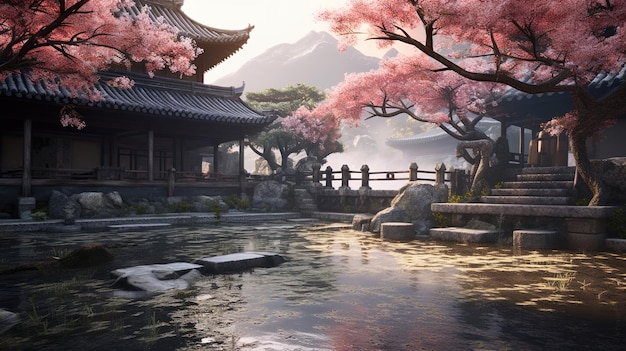 une peinture d'un temple japonais avec un étang et un arbre avec des montagnes en arrière-plan