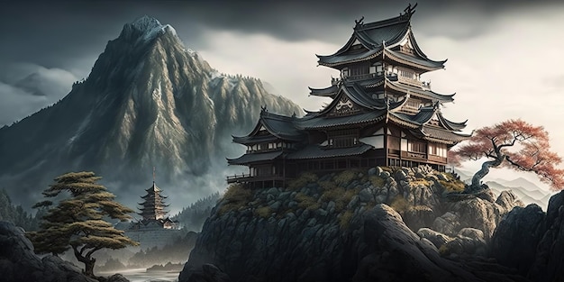 Une peinture d'un temple japonais sur une montagne avec une montagne en arrière-plan.