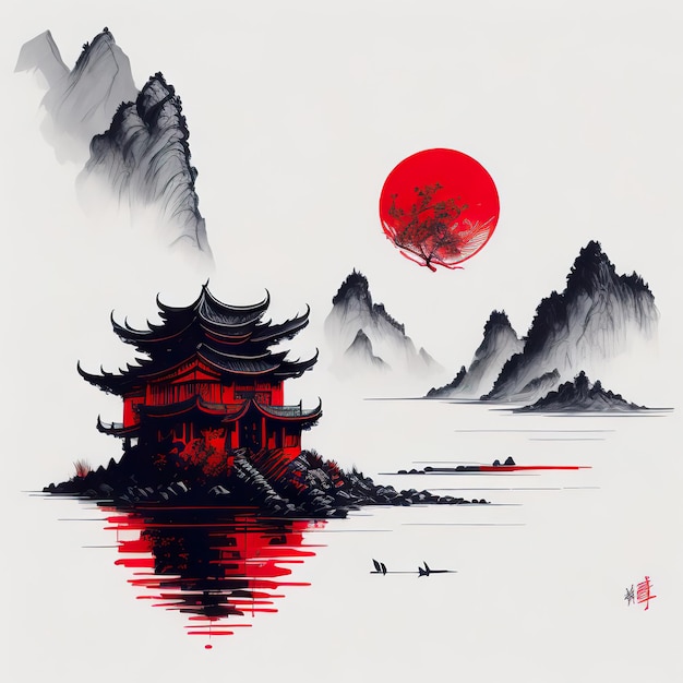 Une peinture d'un temple japonais avec un soleil rouge en arrière-plan.