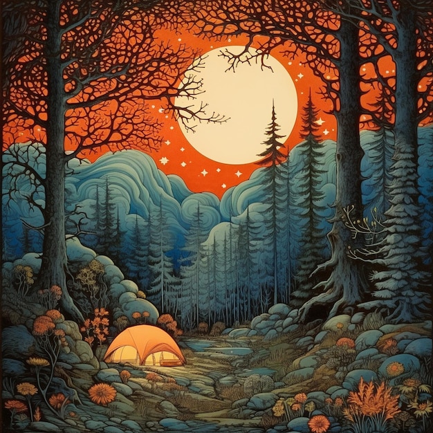 Peinture d'une tente dans une forêt avec une pleine lune en arrière-plan