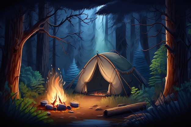Une peinture d'une tente dans une forêt sombre avec un foyer et le soleil qui brille à travers les arbres.