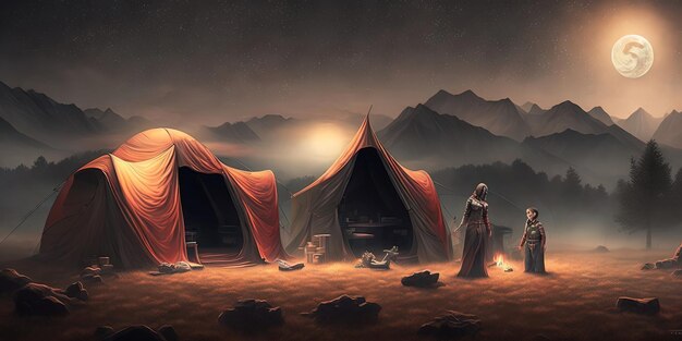 Une peinture de tentes avec un homme debout devant elles.