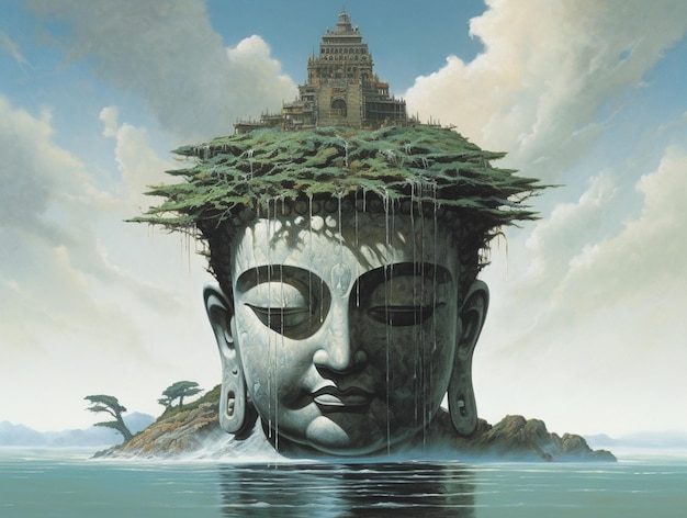 peinture d'une tête de Bouddha avec un arbre au sommet IA générative