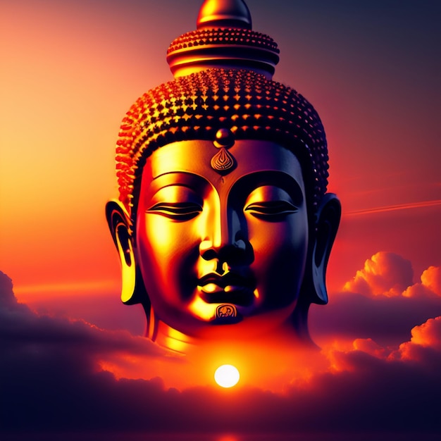 Photo une peinture d'une tête de bouddha avec le soleil couchant derrière elle.