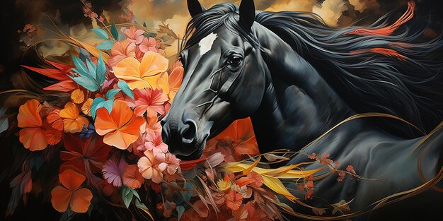 Une peinture une tête de cheval noir avec des fleurs tropicales colorées Animaux sauvages