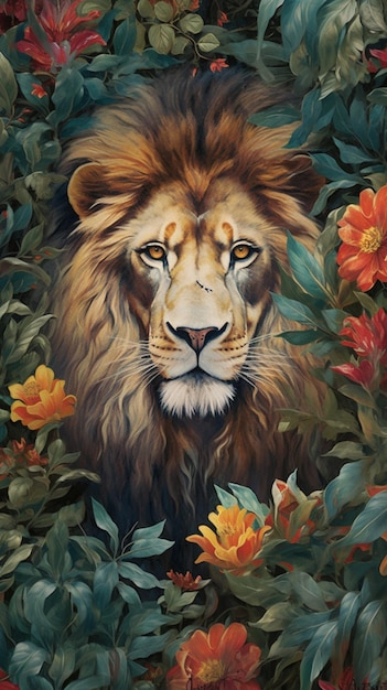 Une peinture d'une tête de lion entourée de fleurs.