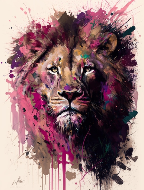 Une peinture d'une tête de lion avec un fond violet et rose.